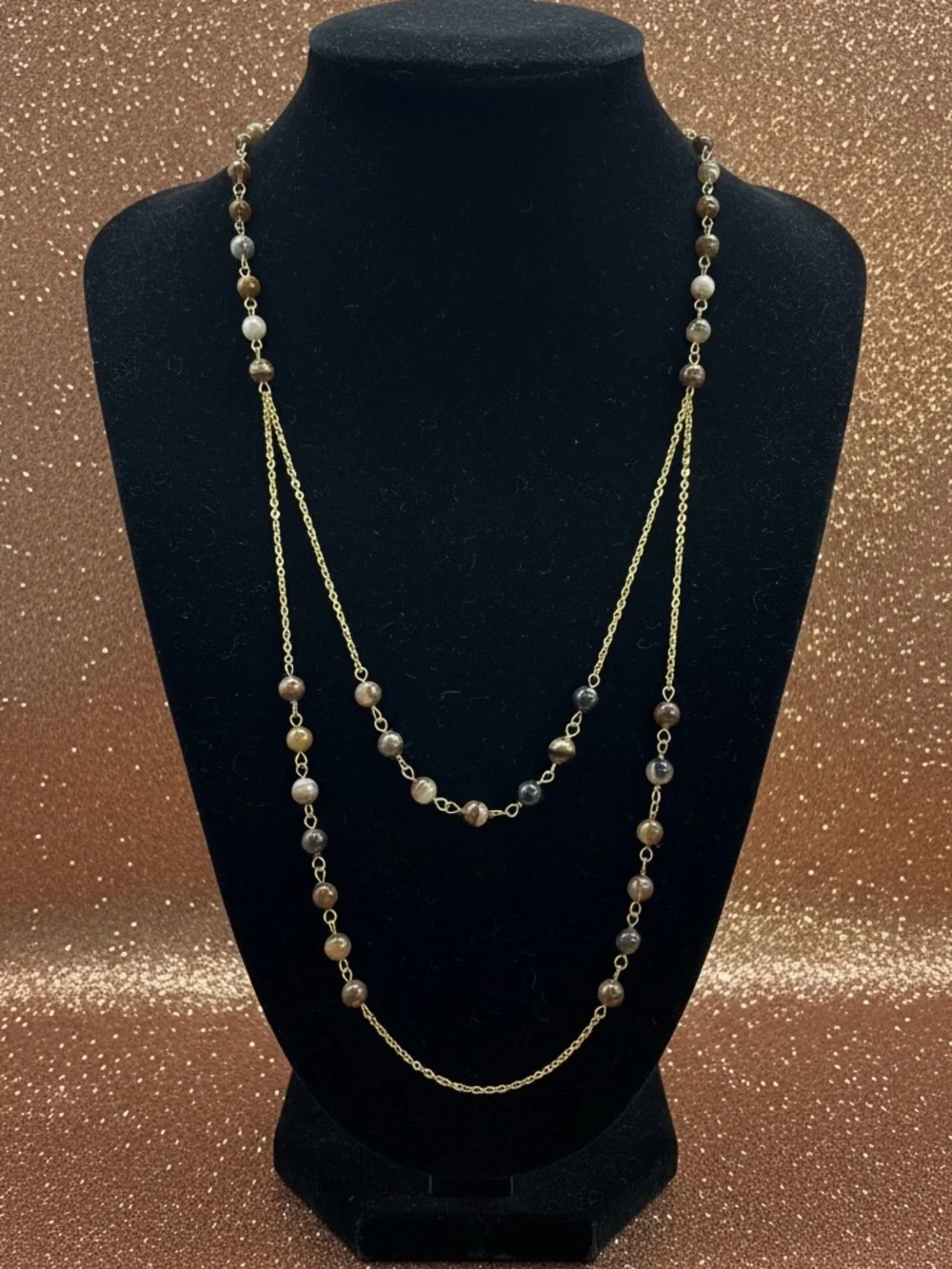 Gold Tone Layered Necklace with Brown and Tigereye Stones